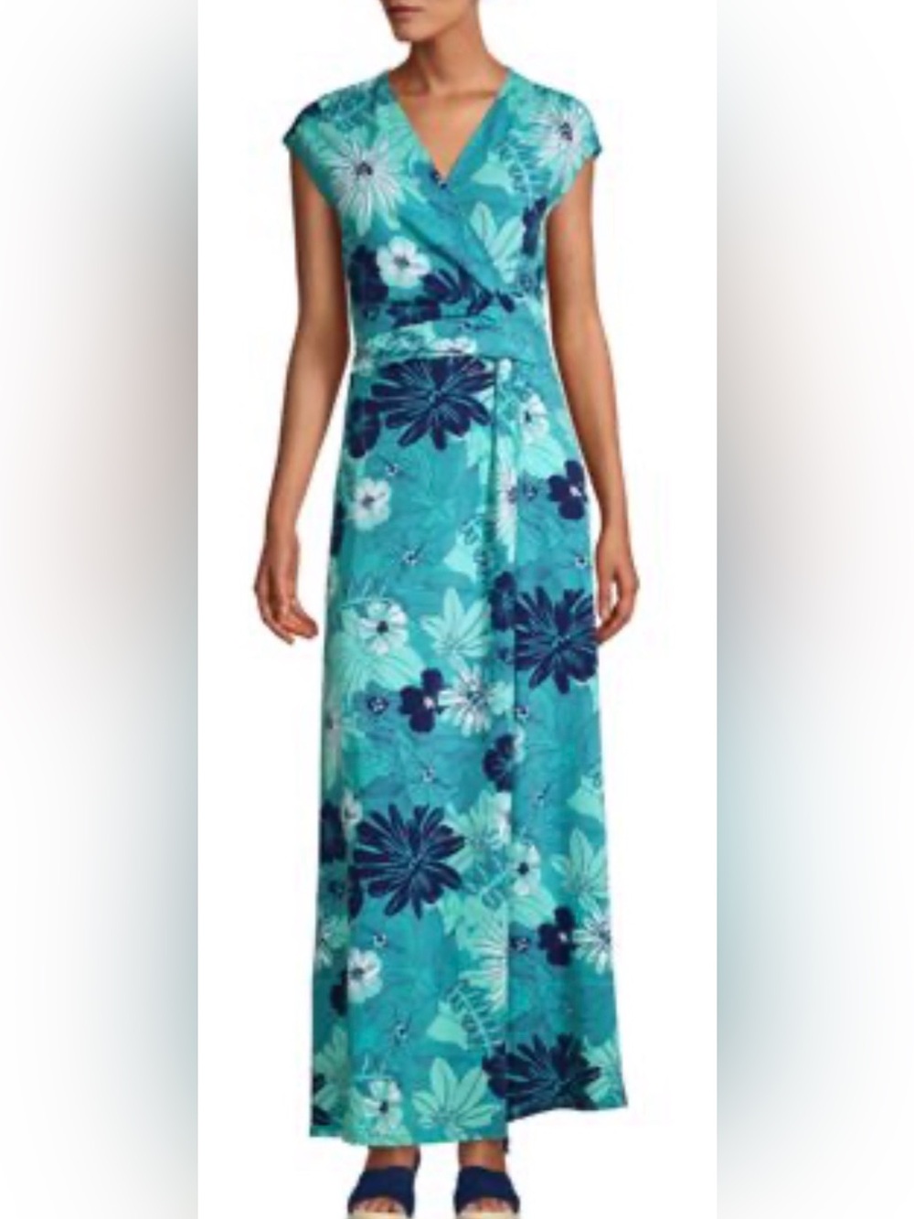 Lands' End Teal Floral Maxi Dress Size Large